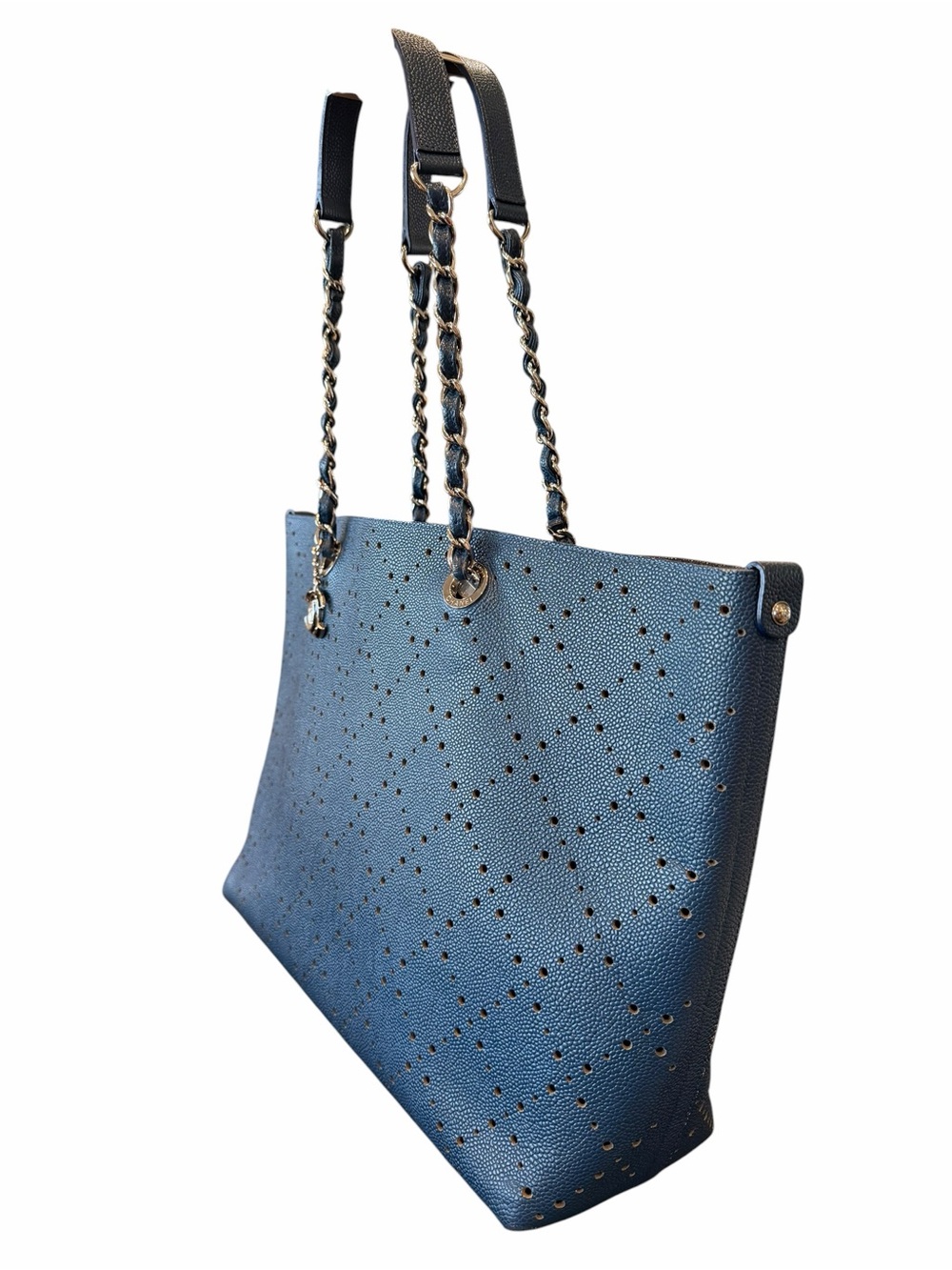CHANEL Blue Perforated Leather Tote with Silver CC Charm - Picture 6 of 13